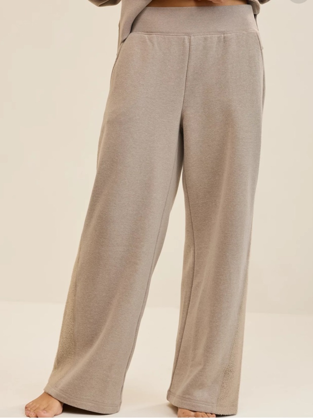 Aerie Apres Chill High-Rise Wide-Leg Lounge Trousers in Taupe/Cream Size L Short - Picture 4 of 14